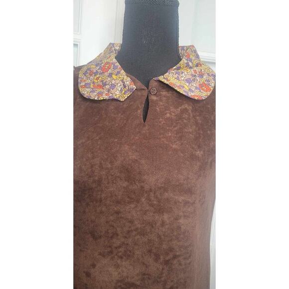 Vintage Handmade Dress Brown w/ Floral Print PeterPan Collar & Ruffled Hem SMALL - Picture 3 of 5